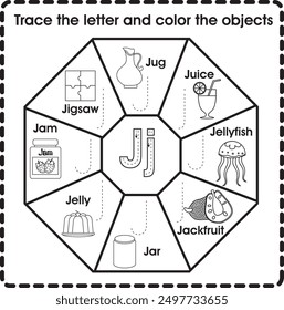 Trace the letter and color the objects (Letter J)