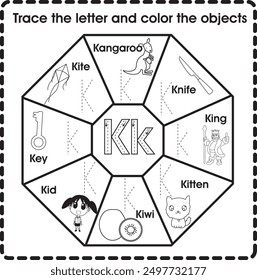 Trace the letter and color the objects (Letter K)