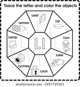 Trace the letter and color the objects (Letter L)