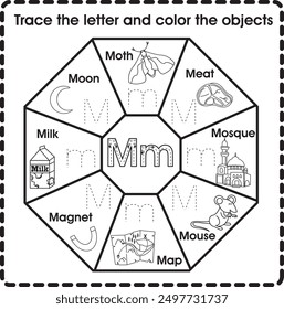 Trace the letter and color the objects (Letter M)