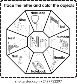 Trace the letter and color the objects (Letter N)