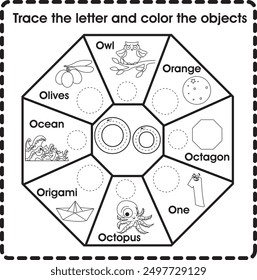 Trace the letter and color the objects (Letter O)