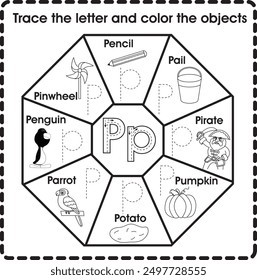 Trace the letter and color the objects (Letter P)