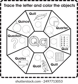 Trace the letter and color the objects (Letter Q)