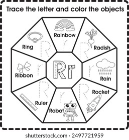 Trace the letter and color the objects (Letter R)