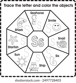 Trace the letter and color the objects (Letter S)