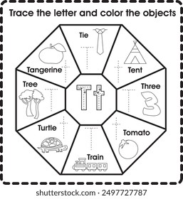 Trace the letter and color the objects (Letter T)