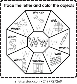 Trace the letter and color the objects (Letter W)