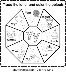 Trace the letter and color the objects (Letter Y)