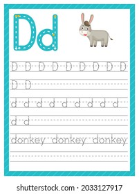 Trace letter D uppercase and lowercase. Alphabet tracing practice preschool worksheet for kids learning English with cute cartoon animal. Activity page for Pre K, kindergarten. Vector illustration