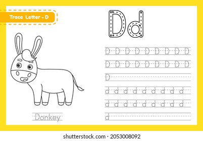 Trace letter D uppercase and lowercase. Alphabet tracing practice preschool worksheet for kids learning English with cute cartoon animal. Coloring book for Pre K, kindergarten. Vector illustration