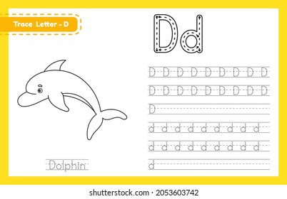 Trace letter D uppercase and lowercase. Alphabet tracing practice preschool worksheet for kids learning English with cute cartoon animal. Coloring book for Pre K, kindergarten. Vector illustration