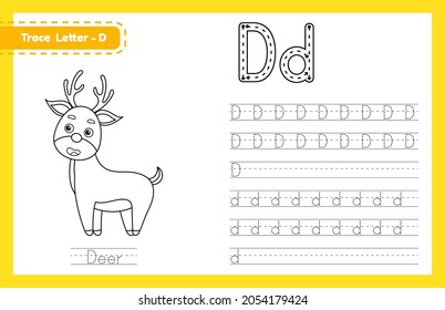Trace letter D uppercase and lowercase. Alphabet tracing practice preschool worksheet for kids learning English with cute cartoon animal. Coloring book for Pre K, kindergarten. Vector illustration