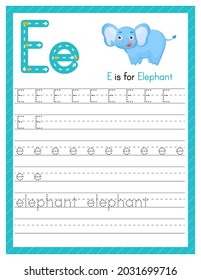 Trace letter E uppercase and lowercase. Alphabet tracing practice preschool worksheet for kids learning English with cute cartoon animal. Activity page for Pre K, kindergarten. Vector illustration