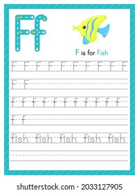 Trace letter F uppercase and lowercase. Alphabet tracing practice preschool worksheet for kids learning English with cute cartoon animal. Activity page for Pre K, kindergarten. Vector illustration