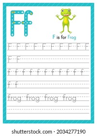 Trace letter F uppercase and lowercase. Alphabet tracing practice preschool worksheet for kids learning English with cute cartoon animal. Activity page for Pre K, kindergarten. Vector illustration