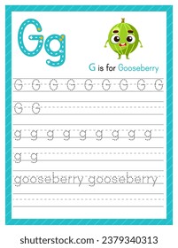 Trace letter G uppercase and lowercase. Alphabet tracing practice preschool worksheet for kids learning English with cartoon gooseberry. Activity page for Pre K, kindergarten. Vector illustration.