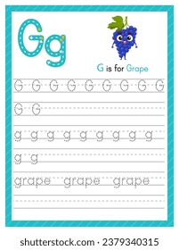 Trace letter G uppercase and lowercase. Alphabet tracing practice preschool worksheet for kids learning English with cartoon grape. Activity page for Pre K, kindergarten. Vector illustration.