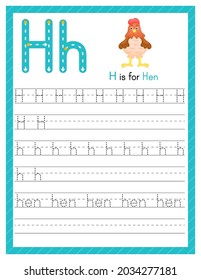 Trace letter H uppercase and lowercase. Alphabet tracing practice preschool worksheet for kids learning English with cute cartoon animal. Activity page for Pre K, kindergarten. Vector illustration