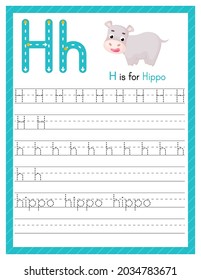 Trace letter H uppercase and lowercase. Alphabet tracing practice preschool worksheet for kids learning English with cute cartoon animal. Activity page for Pre K, kindergarten. Vector illustration