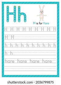 Trace letter H uppercase and lowercase. Alphabet tracing practice preschool worksheet for kids learning English with cute cartoon animal. Activity page for Pre K, kindergarten. Vector illustration