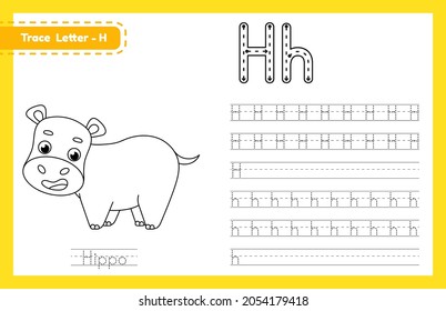 Trace letter H uppercase and lowercase. Alphabet tracing practice preschool worksheet for kids learning English with cute cartoon animal. Coloring book for Pre K, kindergarten. Vector illustration