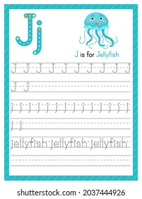 Trace letter J uppercase and lowercase. Alphabet tracing practice preschool worksheet for kids learning English with cute cartoon animal. Activity page for Pre K, kindergarten. Vector illustration