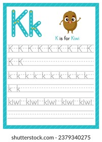 Trace letter K uppercase and lowercase. Alphabet tracing practice preschool worksheet for kids learning English with cartoon kiwi. Activity page for Pre K, kindergarten. Vector illustration.