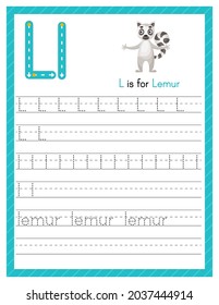 Trace letter L uppercase and lowercase. Alphabet tracing practice preschool worksheet for kids learning English with cute cartoon animal. Activity page for Pre K, kindergarten. Vector illustration