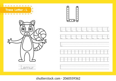 Trace letter L uppercase and lowercase. Alphabet tracing practice preschool worksheet for kids learning English with cute cartoon animal. Coloring book for Pre K, kindergarten. Vector illustration