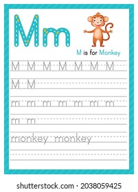 Trace letter M uppercase and lowercase. Alphabet tracing practice preschool worksheet for kids learning English with cute cartoon animal. Activity page for Pre K, kindergarten. Vector illustration