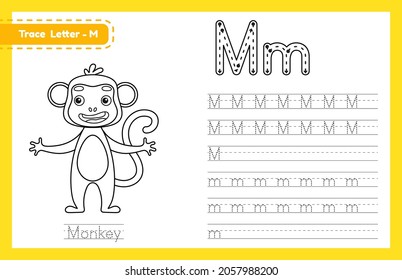 Trace letter M uppercase and lowercase. Alphabet tracing practice preschool worksheet for kids learning English with cute cartoon animal. Coloring book for Pre K, kindergarten. Vector illustration