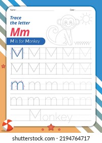 Trace Letter M Uppercase and Lowercase. Alphabet Tracing Practice Preschool Worksheet for Kids Learning English With Animal Coloring