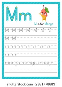 Trace letter M uppercase and lowercase. Alphabet tracing practice preschool worksheet for kids learning English with cartoon mango. Activity page for Pre K, kindergarten. Vector illustration.