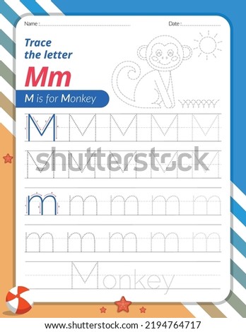 Trace Letter M Uppercase and Lowercase. Alphabet Tracing Practice Preschool Worksheet for Kids Learning English With Animal Coloring