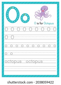 Trace letter O uppercase and lowercase. Alphabet tracing practice preschool worksheet for kids learning English with cute cartoon animal. Activity page for Pre K, kindergarten. Vector illustration