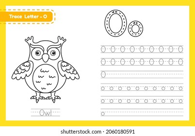 Trace letter O uppercase and lowercase. Alphabet tracing practice preschool worksheet for kids learning English with cute cartoon animal. Coloring book for Pre K, kindergarten. Vector illustration