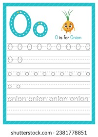 Trace letter O uppercase and lowercase. Alphabet tracing practice preschool worksheet for kids learning English with cartoon onion. Activity page for Pre K, kindergarten. Vector illustration.