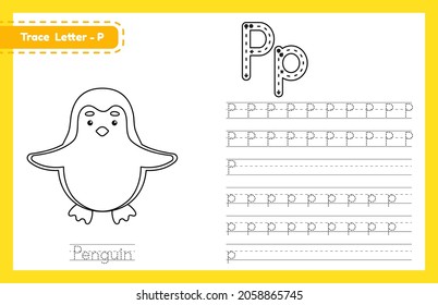 Großbuchstaben und Kleinbuchstaben P folgen. Alphabet-Ablaufverfolgung im Vorschulunterricht für Kinder, die Englisch mit süßen Cartoon-Tieren lernen. Farbbuch für Pre K, Kindergarten. Vektorgrafik
