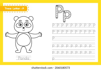 Trace letter P uppercase and lowercase. Alphabet tracing practice preschool worksheet for kids learning English with cute cartoon animal. Coloring book for Pre K, kindergarten. Vector illustration