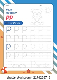 Trace Letter P Uppercase and Lowercase. Alphabet Tracing Practice Preschool Worksheet for Kids Learning English With Animal Coloring