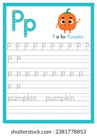 Trace letter P uppercase and lowercase. Alphabet tracing practice preschool worksheet for kids learning English with cartoon pumpkin. Activity page for Pre K, kindergarten. Vector illustration.