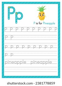 Trace letter P uppercase and lowercase. Alphabet tracing practice preschool worksheet for kids learning English with cartoon pineapple. Activity page for Pre K, kindergarten. Vector illustration.