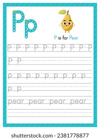 Trace letter P uppercase and lowercase. Alphabet tracing practice preschool worksheet for kids learning English with cartoon pear. Activity page for Pre K, kindergarten. Vector illustration.