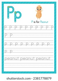 Trace letter P uppercase and lowercase. Alphabet tracing practice preschool worksheet for kids learning English with cartoon peanut. Activity page for Pre K, kindergarten. Vector illustration.