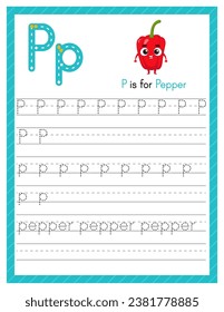 Trace letter P uppercase and lowercase. Alphabet tracing practice preschool worksheet for kids learning English with cartoon pepper. Activity page for Pre K, kindergarten. Vector illustration.