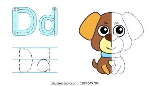 Trace the letter and picture and color it. Educational children tracing game. Coloring alphabet. Letter D and funny dog