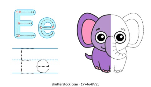 Trace the letter and picture and color it. Educational children tracing game. Coloring alphabet. Letter E and funny elephant