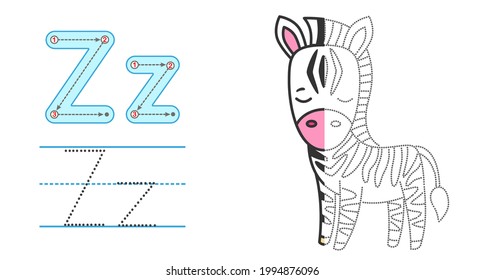 Trace the letter and picture and color it. Educational children tracing game. Coloring alphabet. Letter Z and funny Zebra