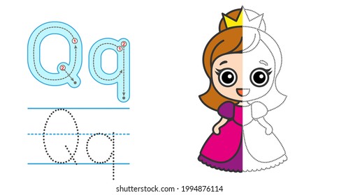 Trace the letter and picture and color it. Educational children tracing game. Coloring alphabet. Letter Q and funny Queen